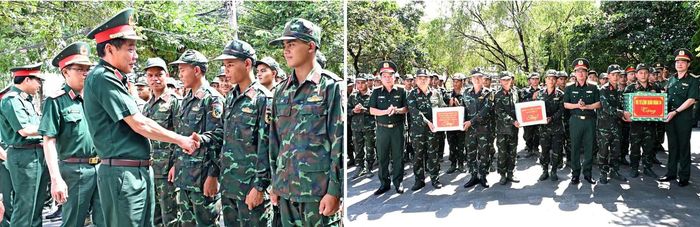 Ảnh trái: Thượng tướng Nguyễn Văn Gấu thăm, động viên Đội K53 (Bộ CHQS tỉnh Quảng Ngãi). Ảnh phải: Thượng tướng Nguyễn Văn Gấu trao quà tặng Đội K53 (Bộ CHQS tỉnh Quảng Ngãi).