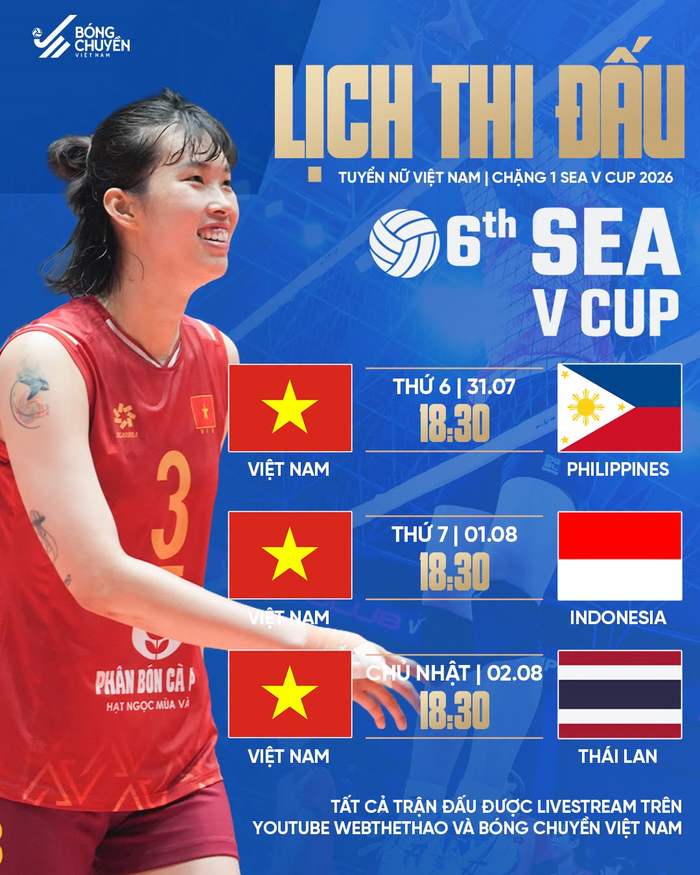 Lịch thi đấu đội tuyển bóng chuyền nữ Việt Nam tại chặng 1 SEA V.Cup 2026.
