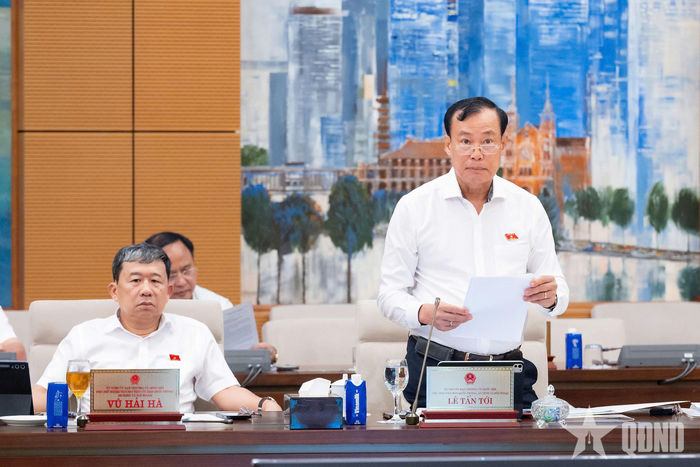 Chủ nhiệm Ủy ban Quốc phòng, An ninh và Đối ngoại Lê Tấn Tới trình bày báo cáo thẩm tra.