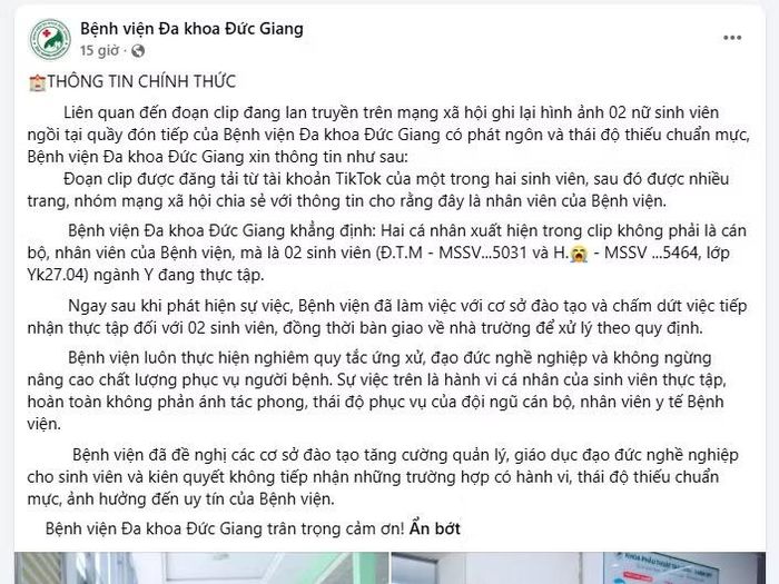 Bài đăng trên fanpage chính thức của Bệnh viện Đa khoa Đức Giang. Ảnh chụp màn hình.