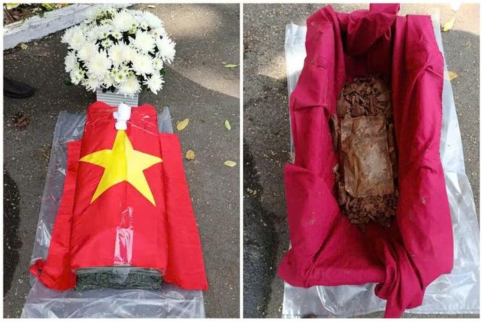 Quá trình khai quật, mộ phần của liệt sĩ Nguyễn Trường Bùi vẫn còn mảnh giấy ghi thông tin cá nhân bọc trong túi ni lon.