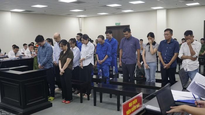 Bị cáo Phạm Năng Mạnh (áo sọc đen xanh, đứng trước bục khai báo).
