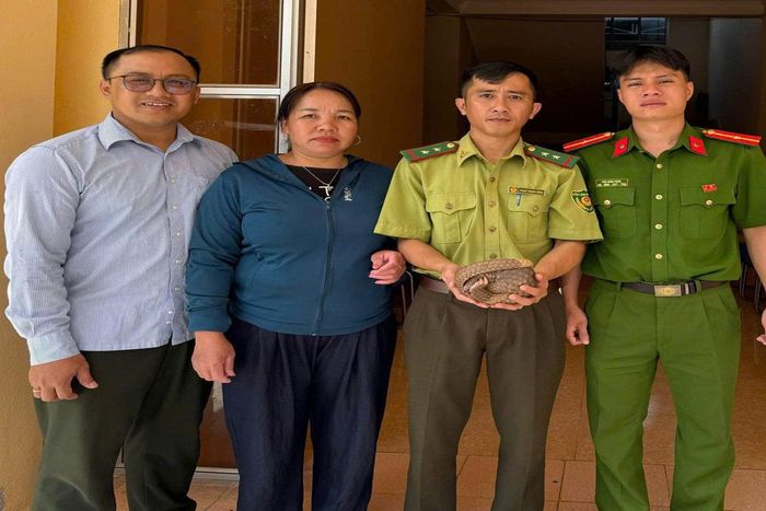 Đại diện chính quyền địa phương, lực lượng Kiểm lâm, Công an và người dân bàn giao cá thể tê tê Java quý hiếm.