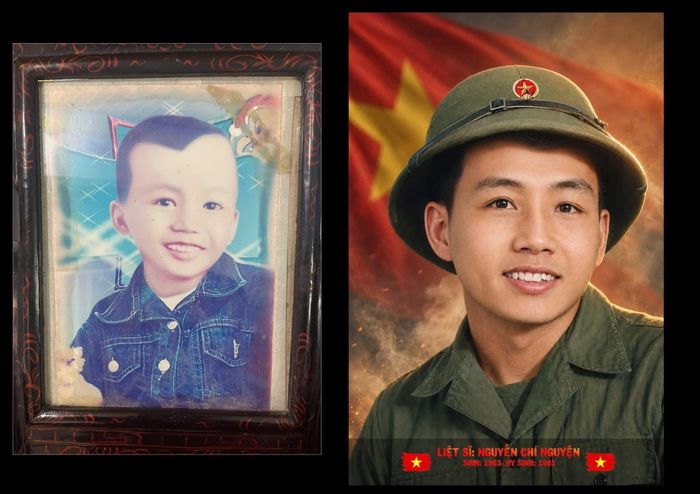 Chân dung liệt sĩ Nguyễn Chí Nguyện được anh Lê Thế Thắng phục dựng lại từ tấm ảnh năm 6 tuổi được gia đình chỉnh sửa trước đó. Ảnh: NVCC