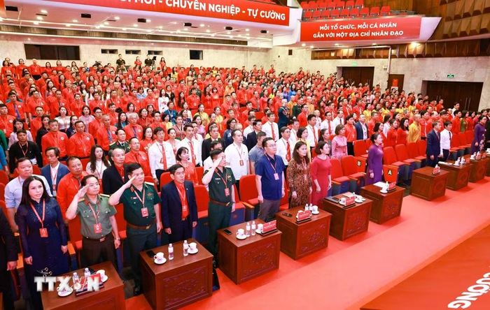 Đại biểu dự đại hội thực hiện nghi thức Chào cờ, hát Quốc ca. (Ảnh: Thanh Tùng/TTXVN)