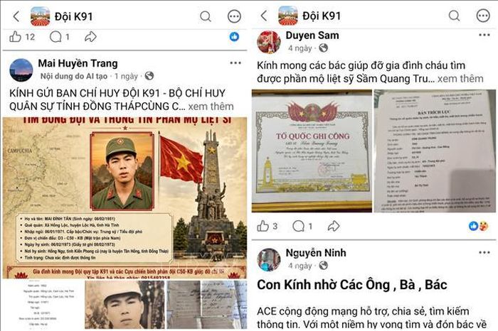 Nhiều thân nhân liệt sĩ đăng thông tin lên Fanpage Đội K91 để nhờ hỗ trợ xác minh, tìm kiếm hài cốt về với quê hương. Ảnh chụp màn hình