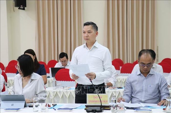 Đại diện Công ty TNHH Tập đoàn Năng lượng Long An, chủ đầu tư Dự án Nhà máy điện khí LNG Long An I và II, phát biểu về những vướng mắc và kiến nghị nhằm thúc đẩy tiến độ triển khai dự án.