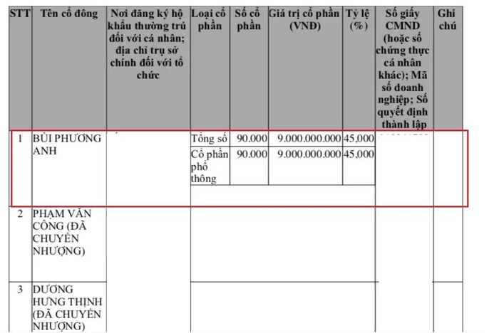 Một cá nhân tên Bùi Phương Anh là cổ đông chi phối vốn tại Công ty Hoàng Mai.