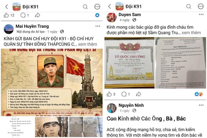 Nhiều thân nhân liệt sĩ đăng thông tin lên Fanpage Đội K91 để nhờ hỗ trợ xác minh, tìm kiếm hài cốt về với quê hương. Ảnh chụp màn hình