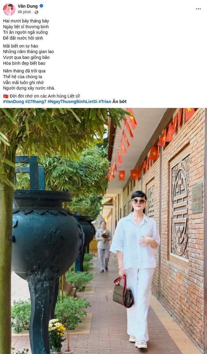 Bài đăng tri ân ngày Thương binh liệt sĩ của nghệ sĩ Vân dung trên trang cá nhân. Ảnh: FBNV