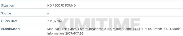 GSMA IMEI database listing of the Poco F9 Pro.