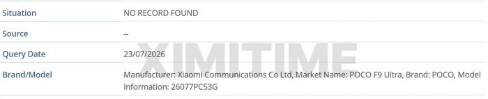 GSMA IMEI database listing of the Poco F9 Ultra.