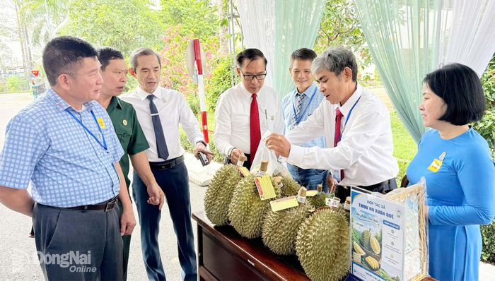 Các đại biểu xem sản phẩm của Hợp tác xã Thương mại - Dịch vụ Xuân Quế trưng bày tại Đại hội Liên minh hợp tác xã thành phố Đồng Nai lần thứ I, nhiệm kỳ 2026-2030. Ảnh: Thế Thành
