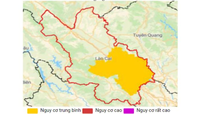 Bản đồ nguy cơ lũ quét, sạt lở đất trên các khu vực tỉnh Lào Cai trong 6 giờ tới.
