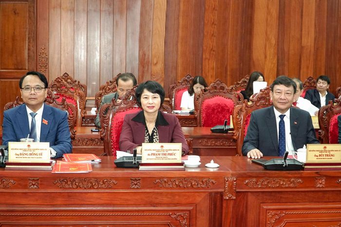 Các đồng chí: Đặng Hồng Sỹ, Phó Bí thư Thường trực Tỉnh ủy; Phạm Thị Phúc, Phó Bí thư Tỉnh ủy, Chủ tịch Ủy ban MTTQ Việt Nam tỉnh; Bùi Thắng, Phó Bí thư Tỉnh ủy dự kỳ họp