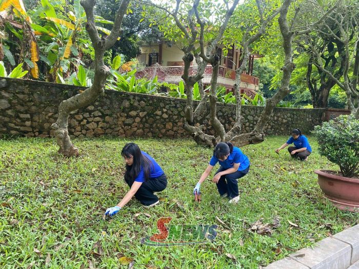 Các đoàn viên, thanh niên chỉnh trang, vệ sinh khuôn viên Nghĩa trang liệt sĩ Nhà tù Sơn La.