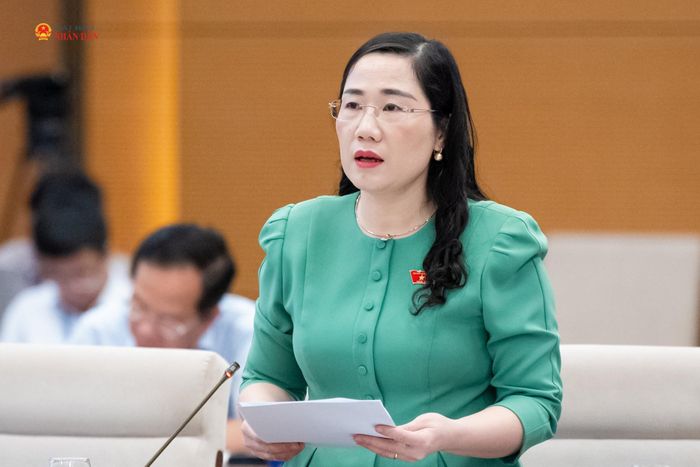 Phó Chủ nhiệm Ủy ban Pháp luật và Tư pháp Nguyễn Thị Thủy trình bày báo cáo tóm tắt về dự án Nghị quyết thay thế Nghị quyết số 96/2019/QH14