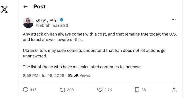 Chủ tịch Ủy ban An ninh Quốc gia và Chính sách Đối ngoại của Quốc hội Iran đưa ra lời cảnh báo cứng rắn tới Kiev trên nền tảng X.