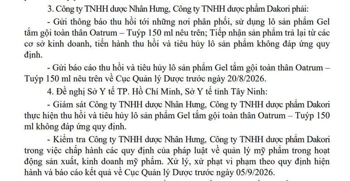 Cục Quản lý Dược yêu cầu các địa phương khẩn trương thu hồi lô Gel tắm gội toàn thân Oatrum không đạt chất lượng trên toàn quốc.