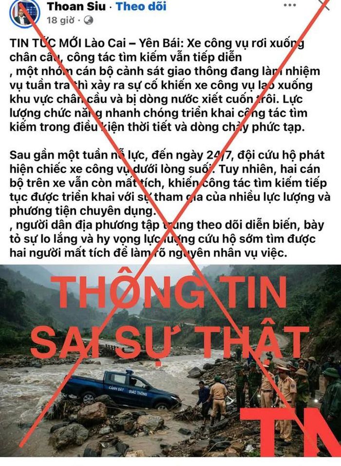 Công an tỉnh Lào Cai khẳng định thông tin lan truyền trên mạng xã hội về việc xe công vụ của lực lượng CSGT gặp tai nạn khiến 2 cán bộ mất tích là hoàn toàn bịa đặt, không đúng sự thật, đồng thời khuyến cáo người dân không chia sẻ các thông tin chưa được kiểm chứng - (ảnh CALC).