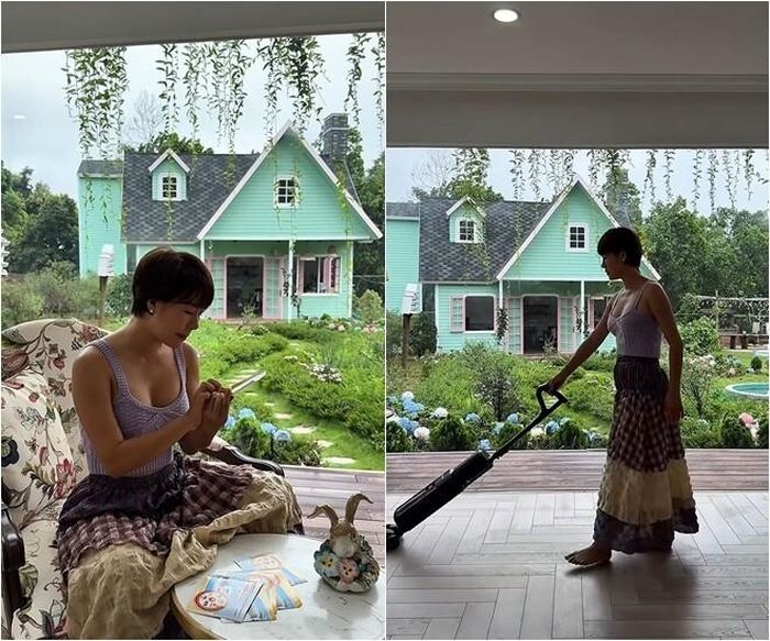 Sau những giờ lao động hăng say, nữ diễn viên tự tay dọn dẹp, hút bụi và lau sạch sàn gỗ để không gian sống luôn được ngăn nắp, tinh tươm trước khi chính thức chuyển vào ở.