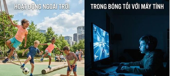 Để trẻ ngồi trước màn hình máy tính hoặc điện thoại trong bóng tối gây ra nhiều tác hại nghiêm trọng cho cả mắt và sức khỏe tổng thể do ô nhiễm ánh sáng và độ tương phản cao.