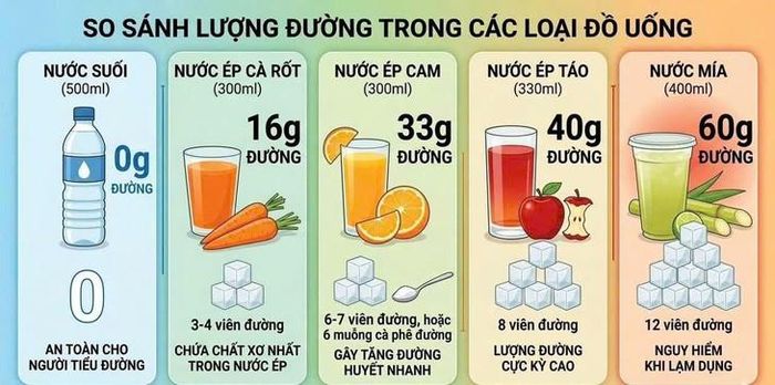 So sánh lượng đường trong các loại đồ uống. Ảnh: BVCC.