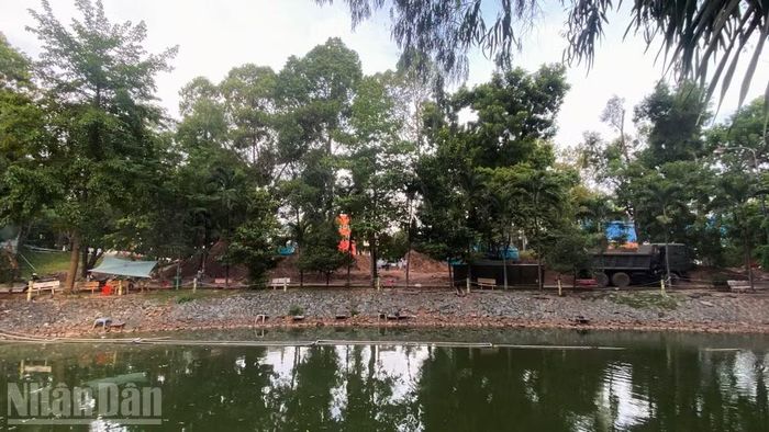 Khu vực tìm kiếm, quy tập hài cốt liệt sĩ tại hố chôn thứ hai, sau hàng cây.
