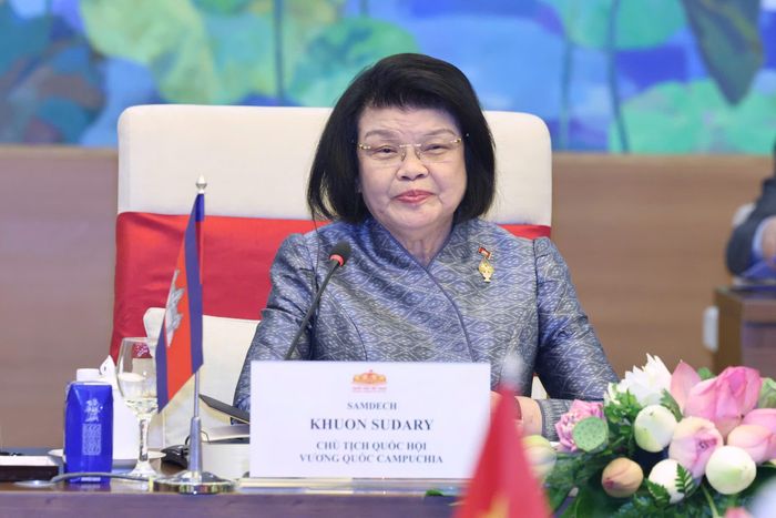  Chủ tịch Quốc hội Campuchia Samdech Khuon Sudary phát biểu tại cuộc hội đàm. Ảnh: QUANG PHÚC 
