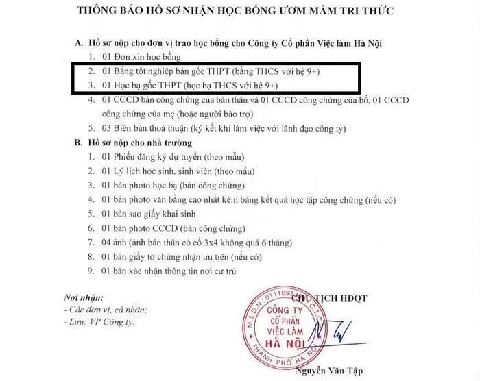 Thông báo hồ sơ nhận học bổng của Công ty Hanoi Job ban hành hồi tháng 1, thể hiện sinh viên phải nộp bằng tốt nghiệp và học bạ bản gốc cho công ty.