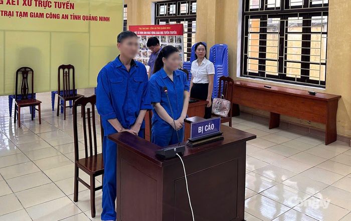 Hai bị cáo Nguyễn Văn Bẩy và Phạm Thị Mùi tại điểm cầu thành phần. (Ảnh: TV)