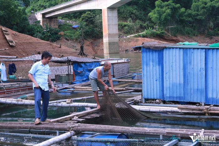 Ông Ngô Sĩ Tâm, Phó Bí thư Đảng ủy xã Trung Sơn thăm mô hình nuôi cá lồng của bà con. Ảnh: Lê Dương