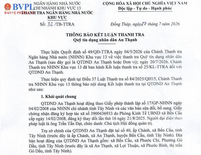Thông báo Kết luận thanh tra đối với Quỹ tín dụng nhân dân An Thạnh. (Ảnh:MP)