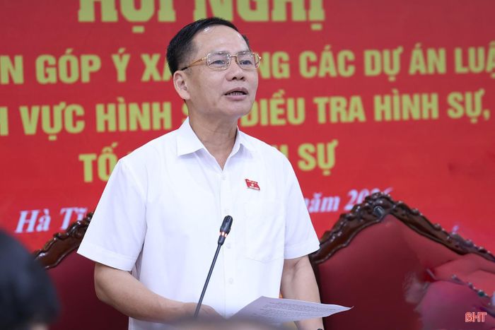 Đồng chí Trần Đình Gia - Phó Trưởng đoàn chuyên trách Đoàn đại biểu Quốc hội tỉnh Hà Tĩnh phát biểu tại hội nghị.