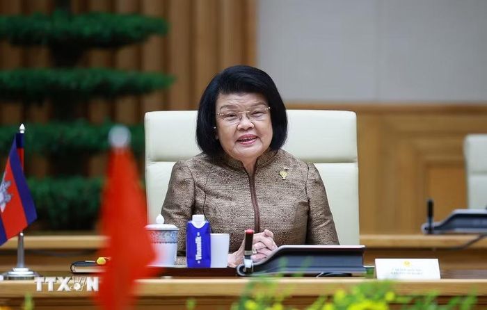 Chủ tịch Quốc hội Campuchia Samdech Khuon Sudary phát biểu. (Ảnh: Dương Giang/TTXVN)
