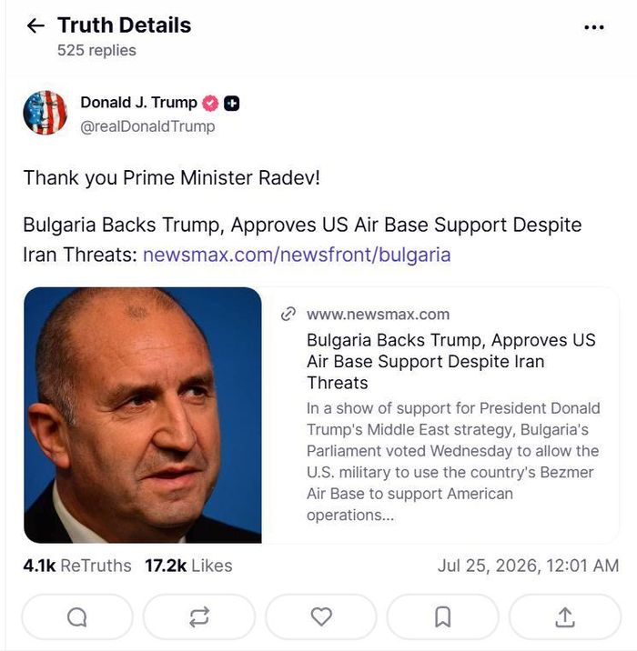 Bài đăng công khai cảm ơn Thủ tướng Bulgaria Rumen Radev của Tổng thống Mỹ Donald Trump trên mạng xã hội Truth Social. Ảnh chụp màn hình