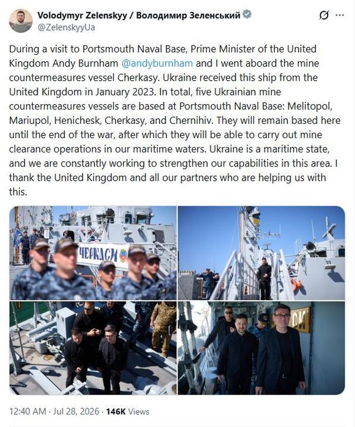 Bài đăng về chuyến thăm căn cứ hải quân Portsmouth, Anh của Tổng thống Ukraine Volodymyr Zelensky trên mạng xã hội X. Ảnh chụp màn hình