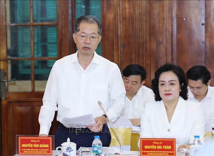 Đồng chí Nguyễn Văn Quảng, Bí thư Trung ương Đảng, Bí thư Đảng ủy, Chánh án Tòa án nhân dân tối cao phát biểu tại hội nghị. Ảnh: Phương Hoa/TTXVN