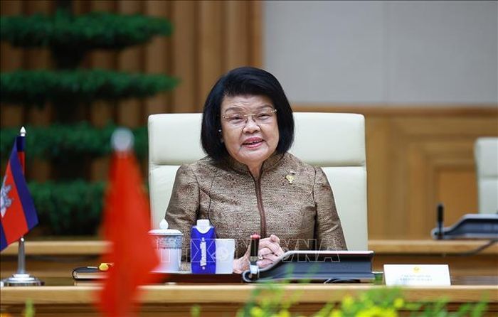 Chủ tịch Quốc hội Campuchia Samdech Khuon Sudary phát biểu. Ảnh: Dương GiangTTXVN