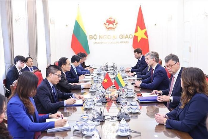 Bộ trưởng Ngoại giao Lê Hoài Trung hội đàm với ông Kestutis Budrys Bộ trưởng Ngoại giao Litva. Ảnh: Minh Đức/TTXVN