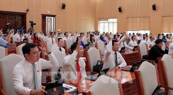 Đại biểu HĐND tỉnh An Giang biểu quyết thông qua các Nghị quyết tại kỳ họp. Ảnh: Lê Huy Hải - TTXVN