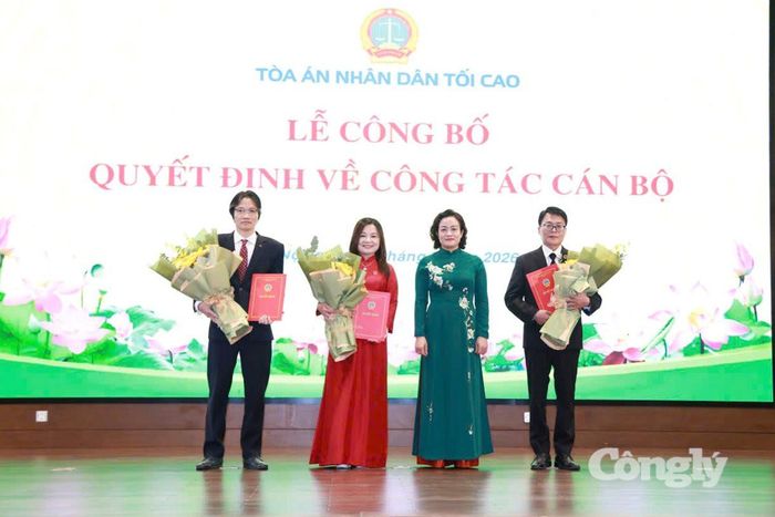 Đồng chí Nguyễn Hải Trâm, Ủy viên Trung ương Đảng, Phó Bí thư Thường trực Đảng ủy, Phó Chánh án TANDTC trao quyết định bổ nhiệm và tặng hoa chúc mừng 3 đồng chí.
