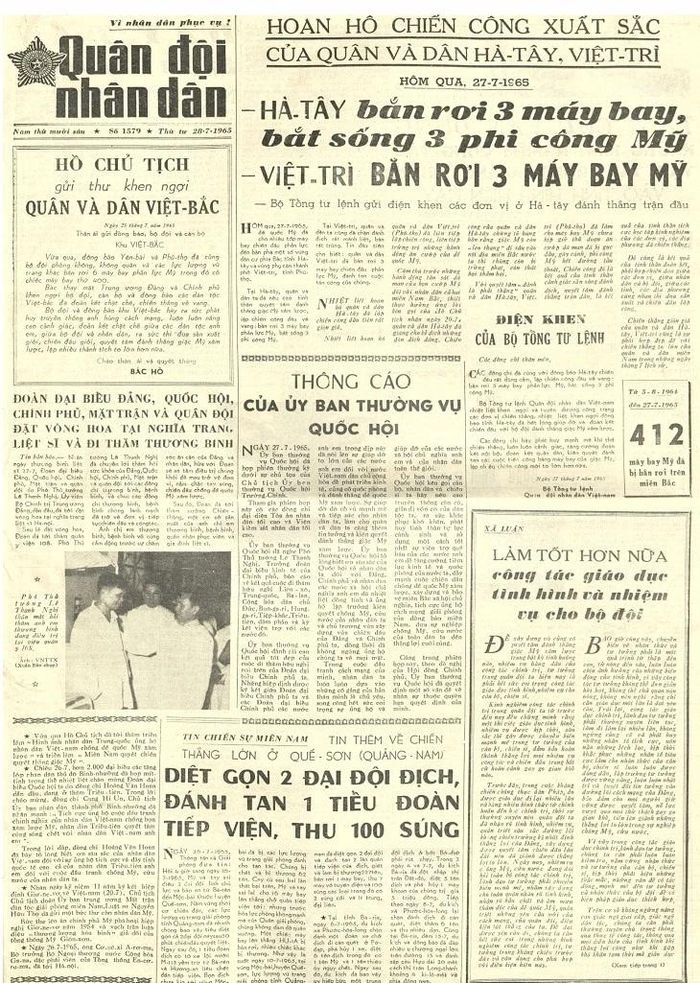 Trang nhất Báo Quân đội nhân dân số 1579 ngày 28/7/1965. Ảnh tư liệu