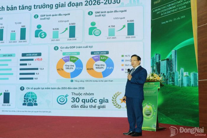 Phó Trưởng ban Chính sách, chiến lược Trung ương Nguyễn Đức Hiển trình bày về triển vọng kinh tế Việt Nam. Ảnh: Vương Thế