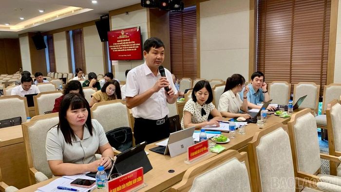 Đại diện trạm y tế xã, phường và các đơn vị y tế trên địa bàn tỉnh Lào Cai phát biểu tại buổi làm việc.