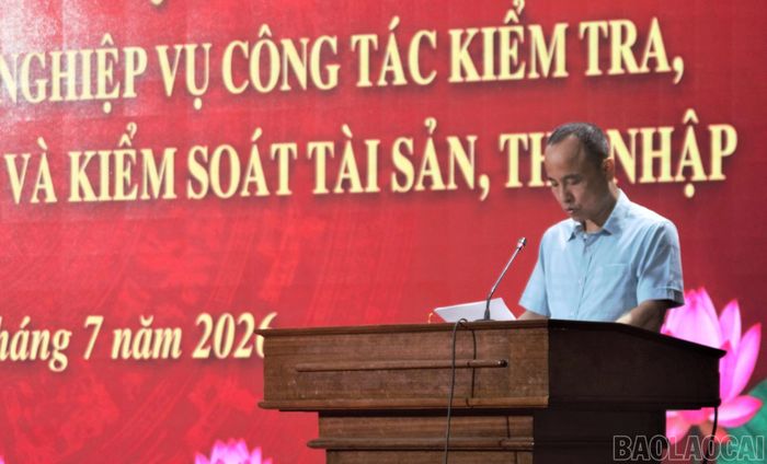 Lãnh đạo Ủy ban Kiểm tra Tỉnh ủy phát biểu tại hội nghị tập huấn.