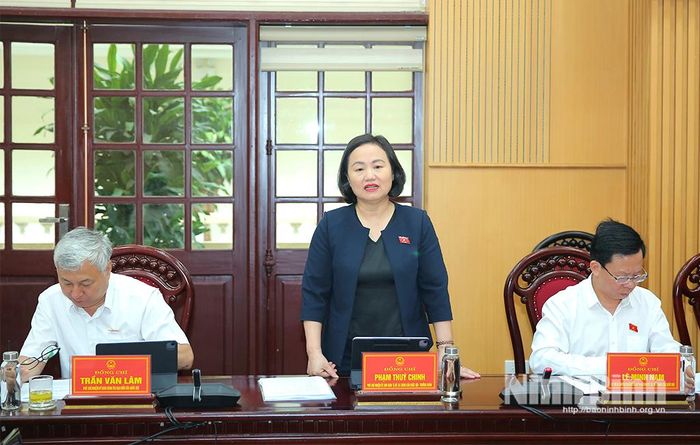 Đồng chí Phạm Thúy Chinh, Phó Chủ nhiệm Ủy ban Kinh tế và Tài chính của Quốc hội, Trưởng Đoàn công tác phát biểu kết luận buổi làm việc.