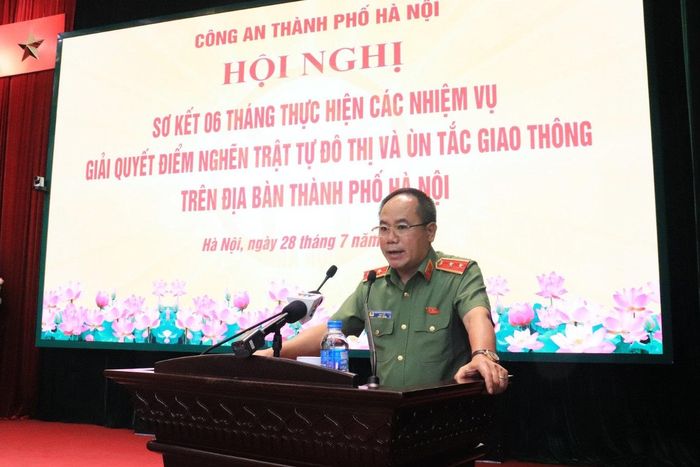 Giám đốc Công an TP Hà Nội, Trung tướng Nguyễn Thanh Tùng phát biểu tại hội nghị