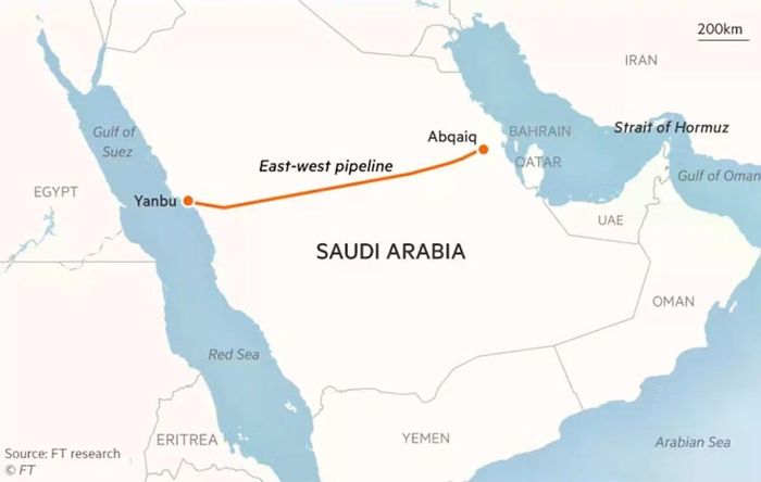 Vị trí tuyến đường ống Đông-Tây của Arab Saudi. Đồ họa: FT