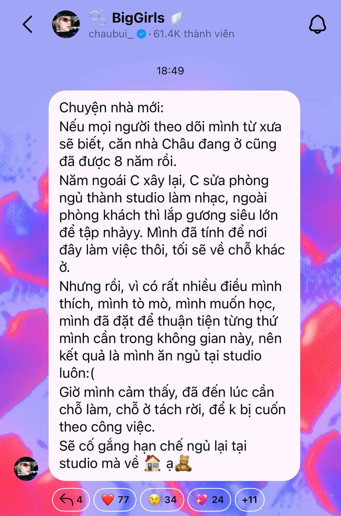 Châu Bùi lên tiếng về việc chuyển nơi ở mới, không nhắc đến Binz. Ảnh chụp màn hình